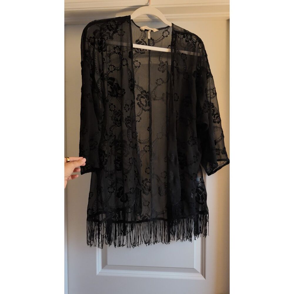 Black Poppy Black Sheer Floral Burnout Kimono Cardigan Fringe Hem Size S